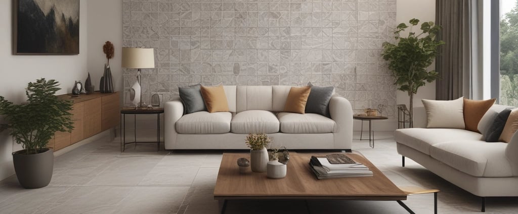 A tiled wall featuring a series of rectangular panels in varying shades of blue, situated in what appears to be an indoor setting. The tiles are clean and sleek, with overhead lighting reflecting off the surface, creating a geometric and modern appearance. The floor in front is tiled in light gray with dark trim along the edge.