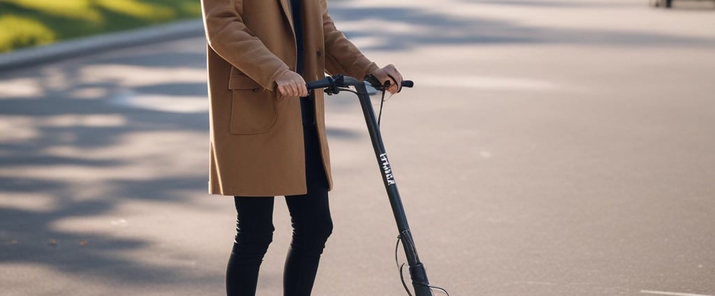 A red and white electric scooter is parked on a sidewalk next to a building. It has a top case for storage and a green license plate indicating it is an electric bike. The building wall is gray and has a modern, sleek texture.