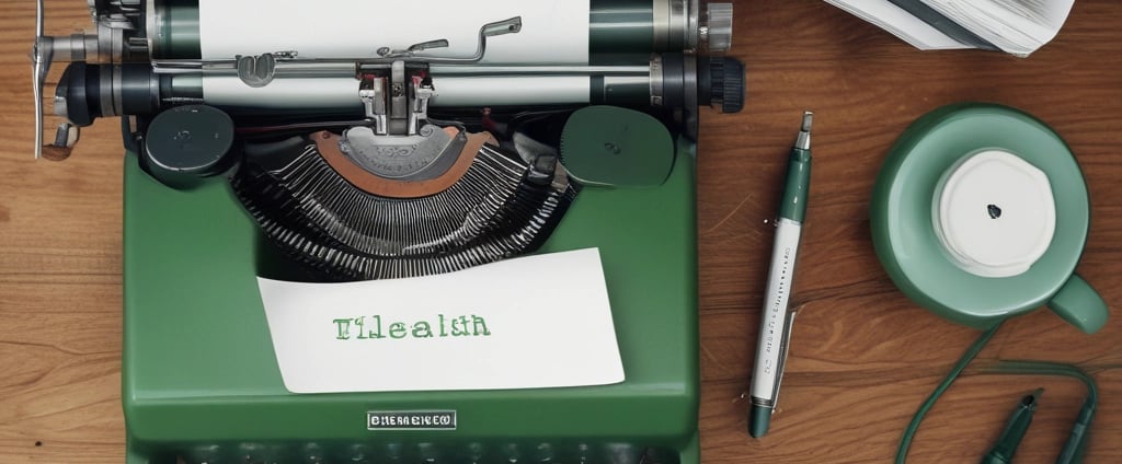 A vintage typewriter with green housing holds a sheet of paper with the word 'TELEHEALTH' typed on it. The scene is set on a wooden surface.