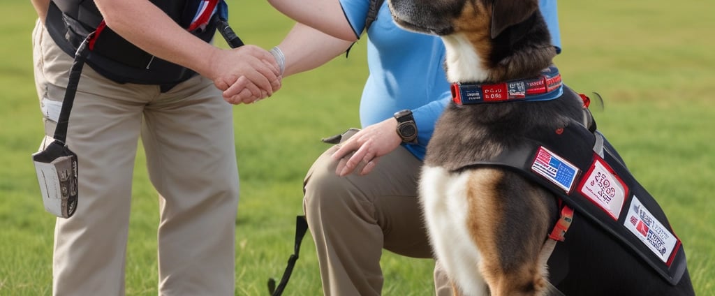 A person wearing a uniform with tactical gear is securely holding a brown K-9 dog on a leash. The setting appears to be a dock or pier with metal railings and water in the background. The dog is wearing a collar labeled 'USCG K-9' and seems calm and attentive.