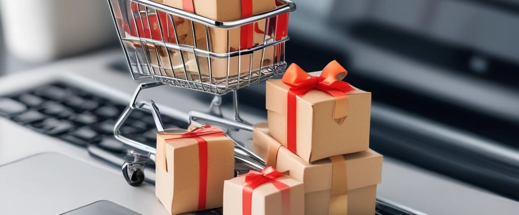 A collection of gift boxes wrapped in various plaid and striped patterns is stacked on a table. A warm lamp illuminates the scene, creating a cozy and inviting atmosphere. Greeting cards are placed in the background near a window, adding to the festive setting.