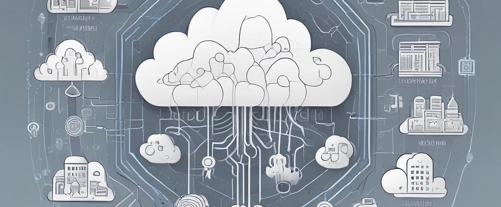 A cloud-shaped object with server racks is connected via cables to a computer monitor. The setup is surrounded by several black squares on a blue background, evoking concepts of cloud computing and data networks.