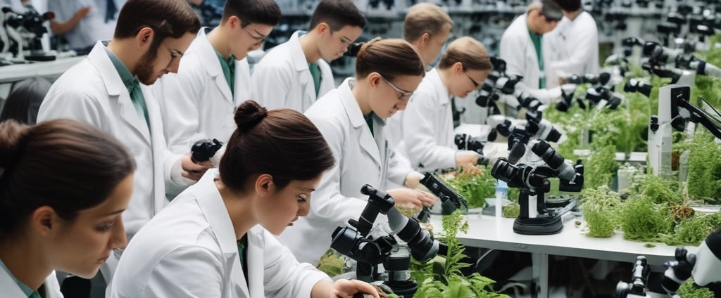 Several hands are holding various gardening and plant care products against a light background. These include a pink banner with bold red text, a bottle of plant spray, gardening tags, bottles of liquid fertilizer, and bags of plant soil labeled in German.