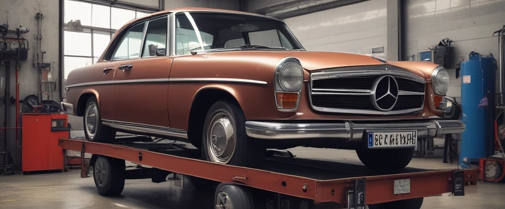 A garage with signage displaying the words 'CARÈS Car Storage & Services' on a glass door. Part of a sports car with a large rear spoiler, visible from the back, occupies the right side of the image, with 'LUCID Detailing' on its license plate.