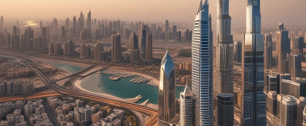 A cityscape with a real estate sign in the foreground, prominently displaying the name and phone number. Surrounding the sign are various buildings with different architectural styles, some with scaffolding and green netting. The scene features a mix of older, worn structures alongside modern glass-fronted buildings. Power lines and construction materials add to the urban complexity.