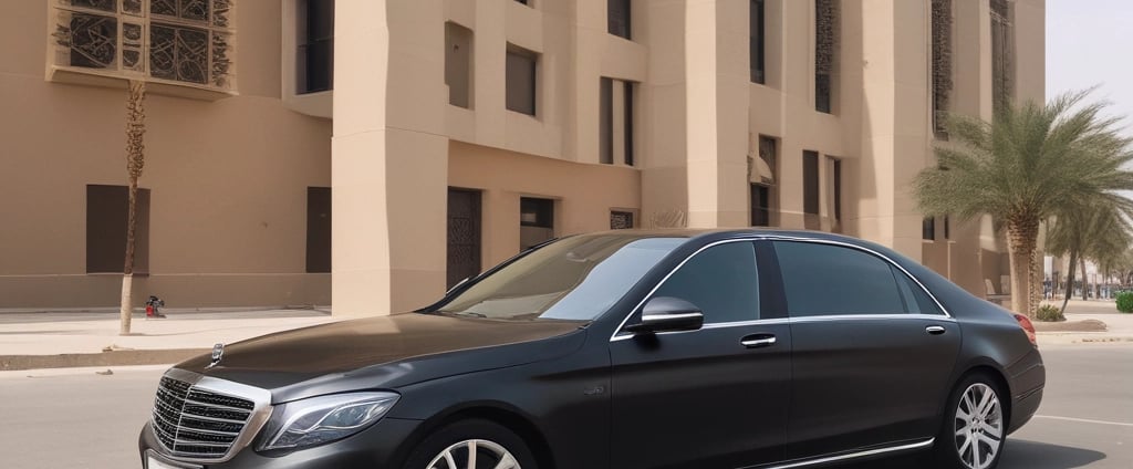 A black luxury SUV is parked in front of a grand, ivory-colored building with large windows and an ornate hanging lantern. The building's entrance is elegant, featuring a light stone facade with tall arched windows and a decorative gold luggage cart nearby.