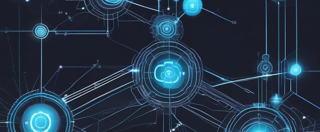 A futuristic and digital-themed image features a stylized circuit board with the words 'Open AI' in bold, glowing letters. Above it is a design that resembles an AI or robot face with neon accents. The background consists of a network of interconnected blue lines and nodes, suggesting themes of technology and connectivity.