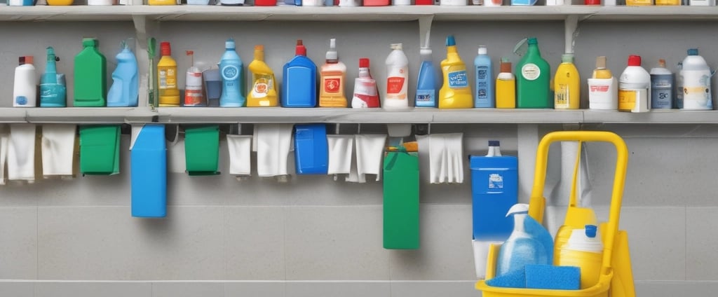 A minimalist arrangement of eco-friendly cleaning products including various bottles, containers, and packaging. The items are neatly placed on a soft beige fabric backdrop, emphasizing a sustainable and natural aesthetic.