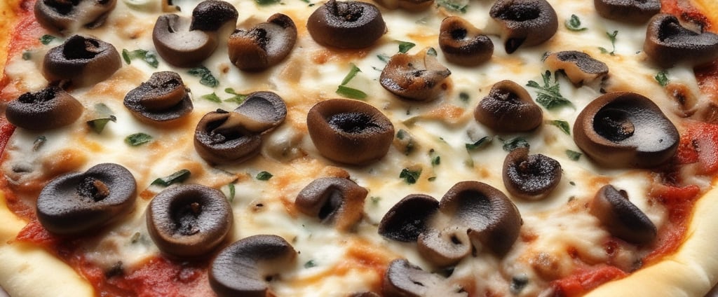 A thin-crust pizza topped with various ingredients including sausage, peppers, and cheese is placed on a wooden board. The setting is a dimly lit cafe, featuring hanging lightbulbs and an arrangement of photographs clipped to a string on the wall. A reflective French press and a dark bottle are situated next to the pizza.