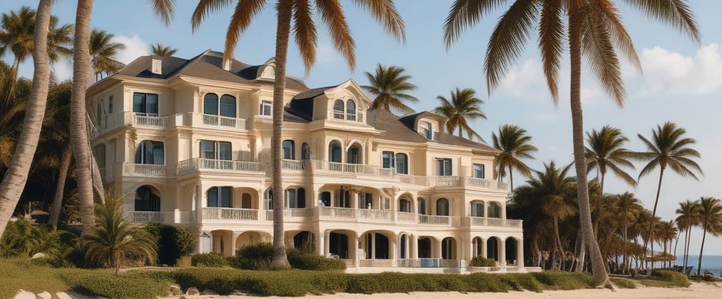 A luxurious beachfront property with a large, elegant building set behind a pristine sandy beach. Palm trees and small thatched structures provide shade along the shoreline. The sea in the foreground is calm and blue, contrasting with the light-colored architecture of the estate.