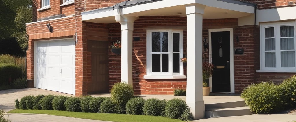 A view of the upper floors of a light-colored building with multiple windows and ornate architectural details. A red and white 'For Sale' sign with contact information is visible on the building's facade. The building is surrounded by greenery, and there are overhead utility lines. The sky above is partly cloudy with patches of blue.