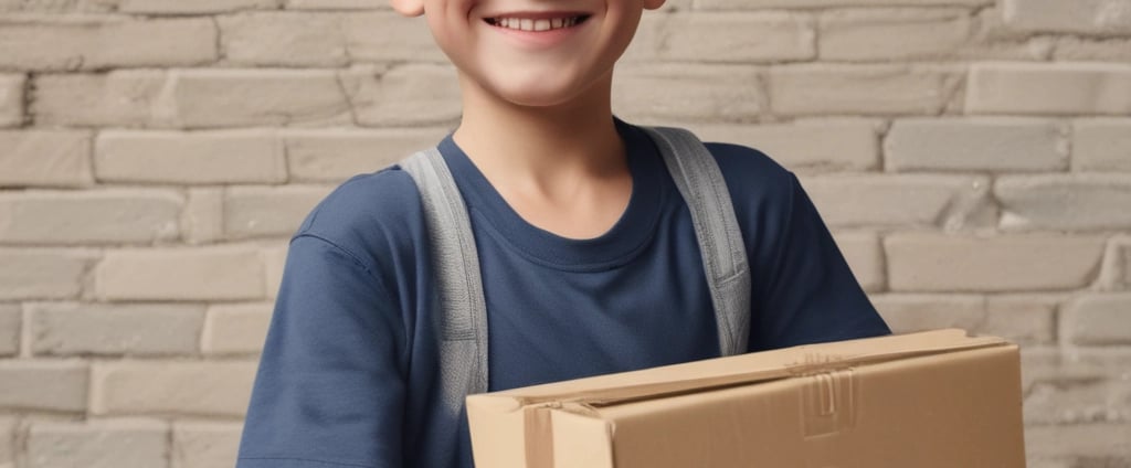 A person wearing a black cap and a black polo shirt with a courier service logo holds a large cardboard box. The background is a plain light gray, and the person appears to be smiling slightly.