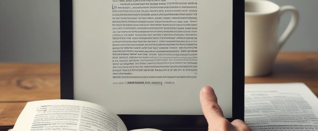 An e-reader with a black cover is open on a textured light-colored surface. The screen displays information in a foreign language with an illustration of a boat under the title 'KON-TIKI-3.' A series of specifications and icons is listed below.