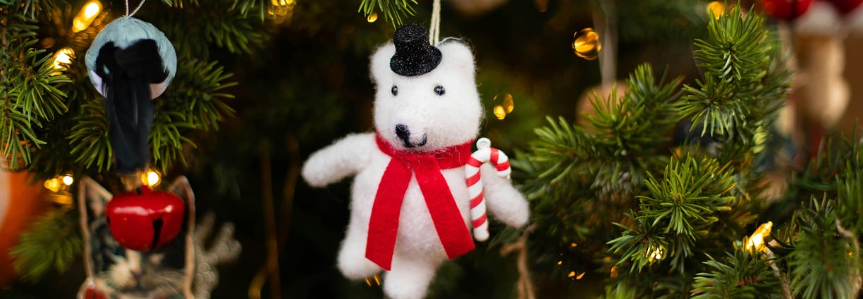 a teddy bear ornament hanging from a christmas tree