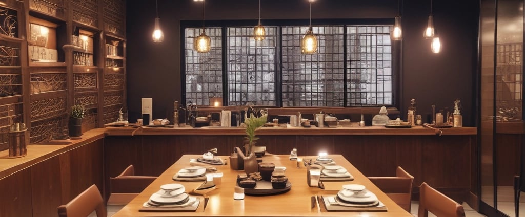 a dining room table with a table set for four
