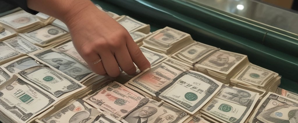 A person wearing a mask stands in front of a currency exchange board displaying various exchange rates between different currencies such as USD, EUR, JPY, and more. The board is yellow with red and black text, accompanied by several national flags. The person appears to be holding a small tray and pointing at the board, likely indicating or discussing the rates. The setting seems to be inside a financial service office, with additional informational posters in the background written in Chinese and English.