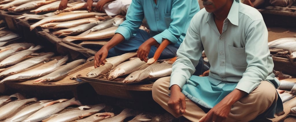 A bustling fish market with numerous stalls displaying a variety of fresh seafood on ice, including fish, shrimp, and other marine products. Each stall is equipped with bright signs indicating prices. Several vendors, wearing aprons and masks, are actively engaging with the produce and customers in a well-lit, busy environment.