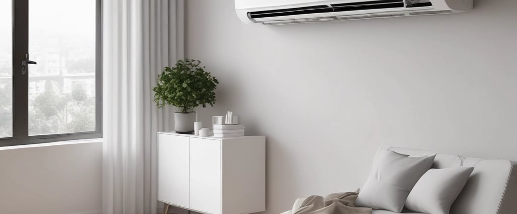 A modern, rectangular air conditioning or heating unit with the logo 'alpha innotec' is installed outside a building with a dark gray brick exterior. The unit is positioned against a light concrete wall, and there is overgrown grass along the edge of the pavement.