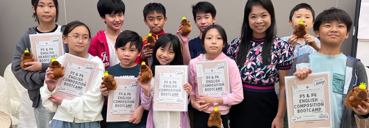 Thriving Kids Club Founder Mrs Serene Wee and students at English Bootcamp