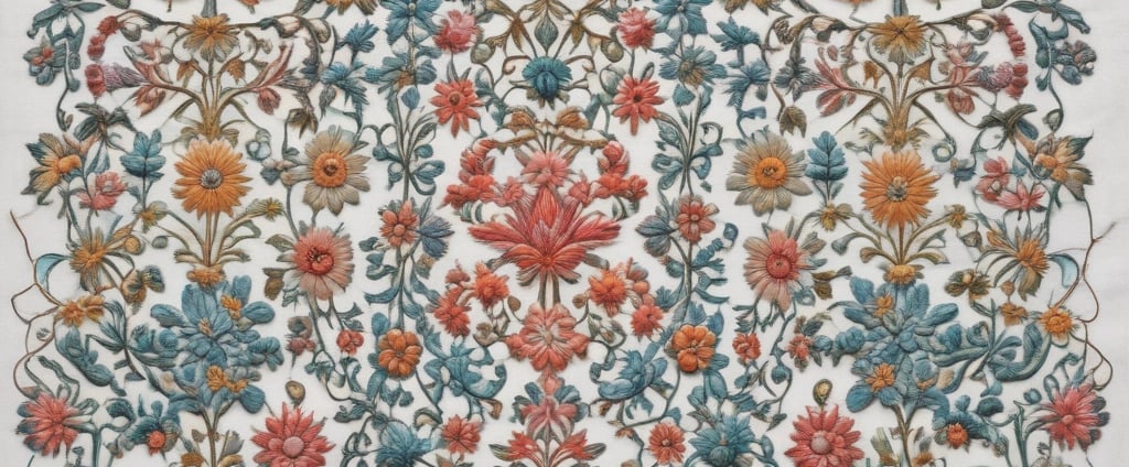 Intricate white embroidery featuring floral and swirl patterns on a slightly translucent fabric. The embroidery is detailed and delicate, creating a sophisticated and elegant texture.