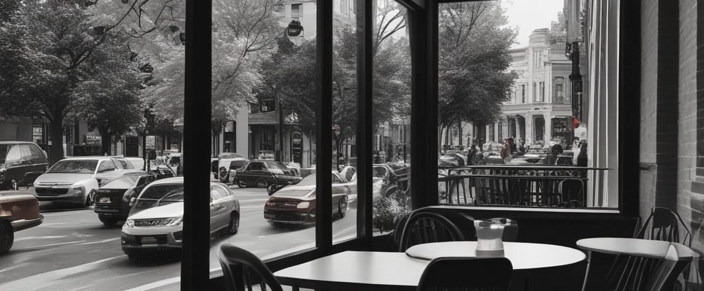 A cozy bakery with a variety of breads and pastries displayed in a glass case. The interior features wooden accents, chalkboard menus, and hanging pendant lights. Sunlight streams through large windows, creating a warm and inviting atmosphere.