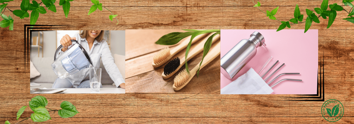 Wood background eco friendly bamboo toothbrushes, reusable drink container lady pouring filter water