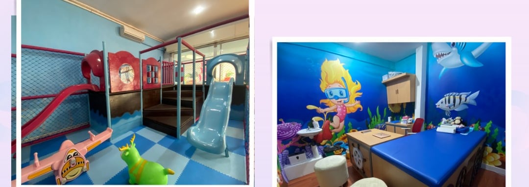 a kid's room with a play area and a play area