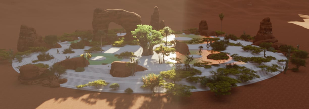 a desert landscape with a small waterfall and a small waterfall