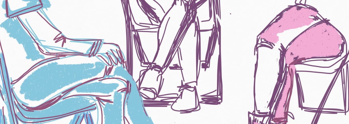 meeting with people sit in chairs drawn with colours