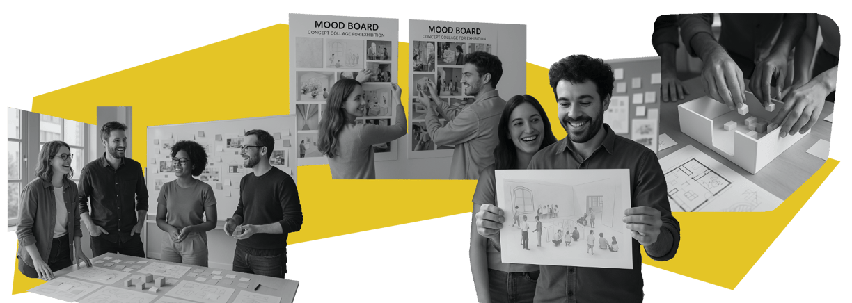 Das Team erforscht erste Ausstellungskonzepte anhand von Skizzen, Modellen und visuellen Storyboards