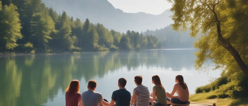 a group of people sitting on a bench near a lake