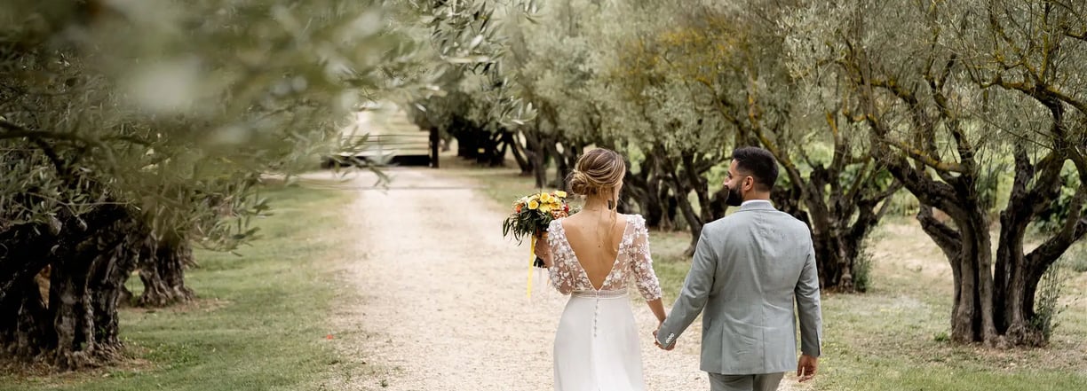 South of France wedding photographer cost — newlyweds walking through olive tree path
