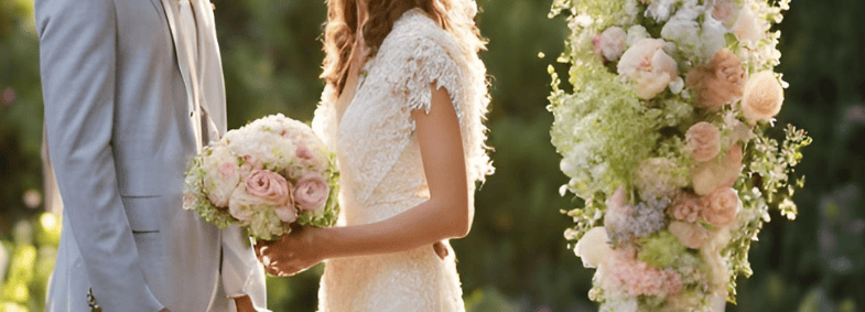 a bride and groom standing in front of a wedding ceremony theme Bridgerton
