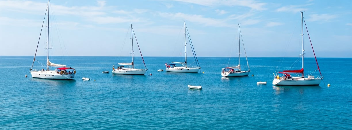 Voiliers blancs au mouillage, mer translucide et ciel bleu