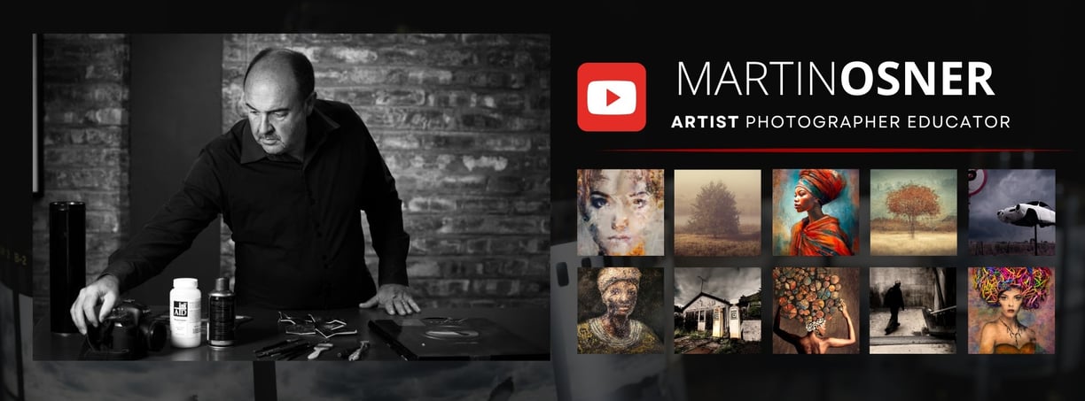 Martin Osner YouTube banner with studio photo, social links, artwork thumbnails, and subscribe.