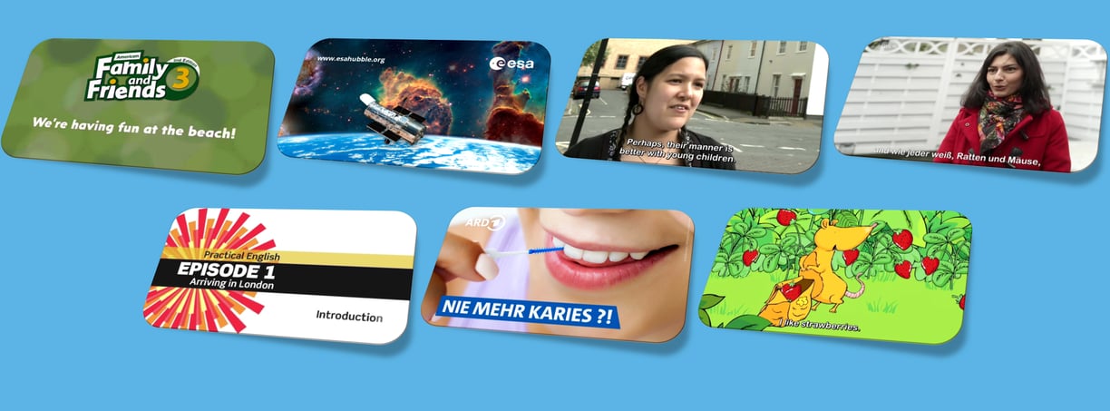 Thumbnails representing video screenshots from captioning and subtitling samples