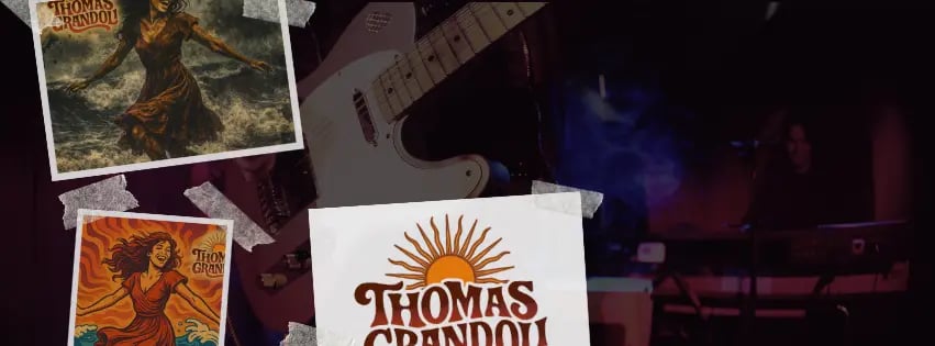 Imagen de cabecera del proyecto de identidad visual para Thomas Grandoli, con portadas y logo