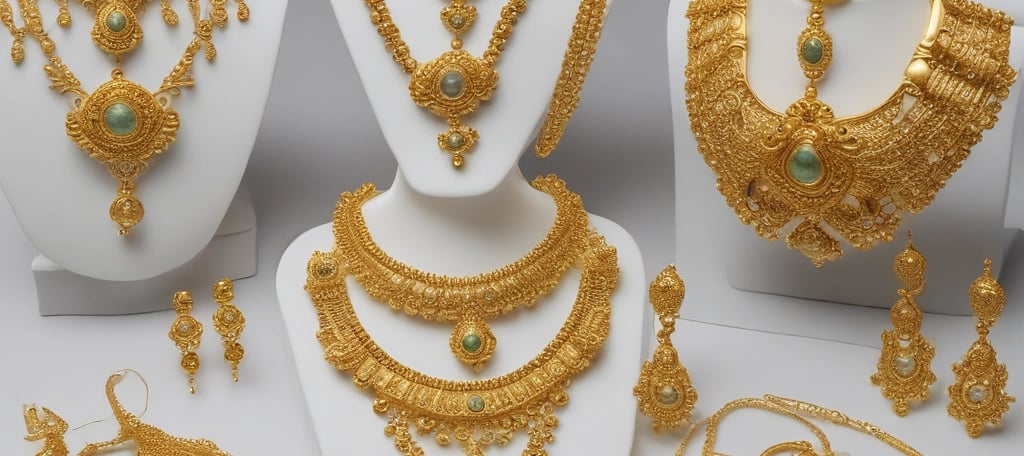 A luxurious gold necklace adorned with sparkling gems is elegantly displayed on a red velvet mannequin stand. The lighting highlights the intricate details and the lustrous finish of the jewelry, creating a sense of opulence.