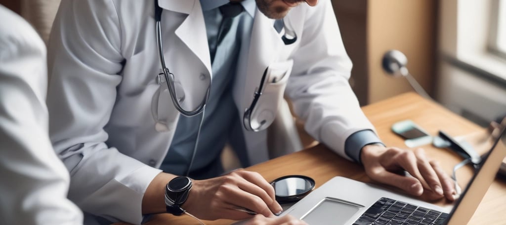 Hands typing on a laptop with a stethoscope resting on the wooden table beside it. The setting suggests a work environment that combines technology with healthcare.