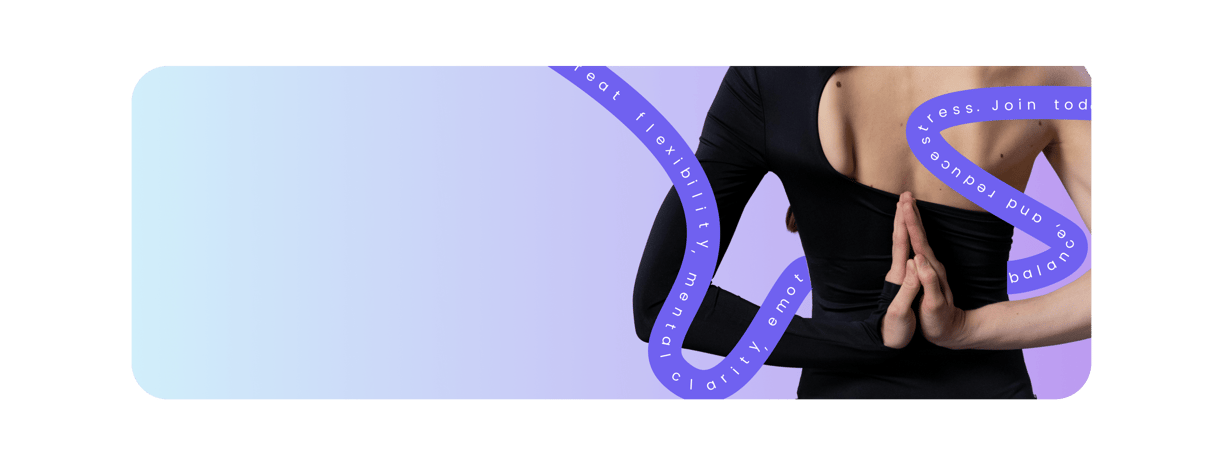light blue to purple gradient background with lady posing with hands behind back closed together with purple swirls around