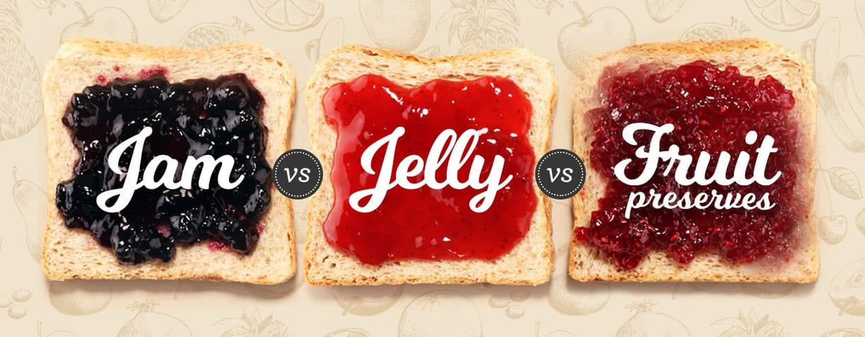 Slices of bread with blueberry jam, strawberry jelly, & raspberry fruit preserves slathered on.