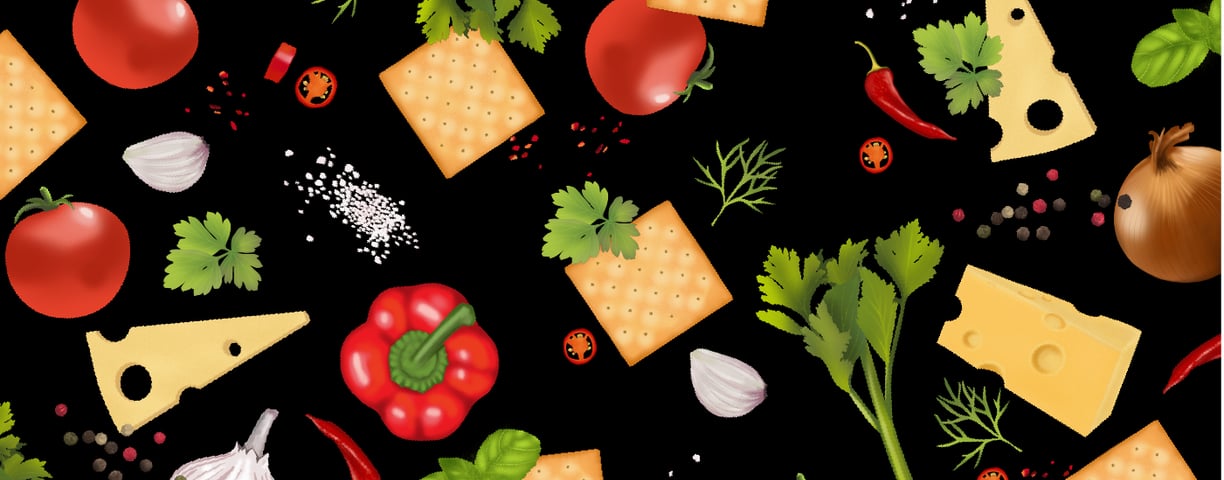 picture of cheese, tomatoes, onions, celery garlic, salt illustrations on black background