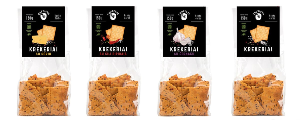 four packs of crackers, black labels with cracker pictures