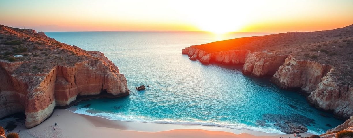 Milos Island beaches, crystal-clear turquoise waters lapping against white sandy shores, dramatic cl