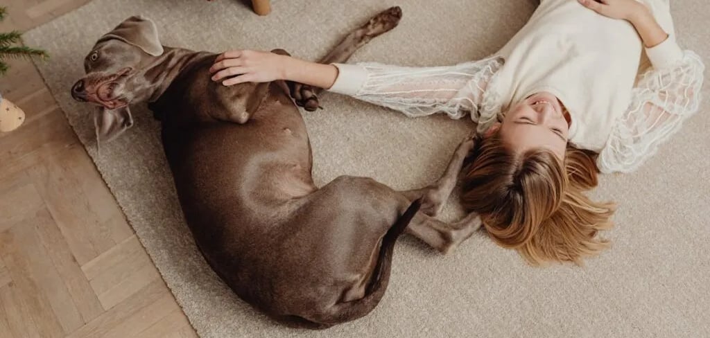 A woman on floor with her dog, thinking about skin disorders in dogs