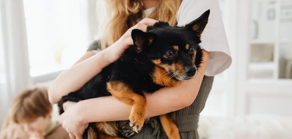 A woman holdong a black puppy