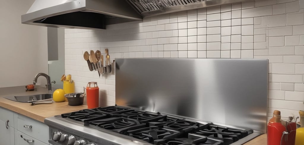 A commercial kitchen with stainless steel countertops and kitchen equipment, including a griddle and a dish rack holding a large red and white sign. Various kitchen tools and appliances are visible, such as knives in a holder, a bottle of cleaning liquid, and switches on the wall.