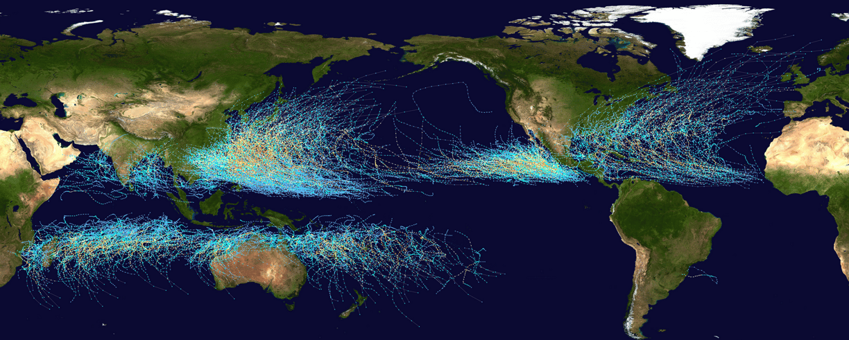Global tropical cyclone tracks world map. Image from Wiki.