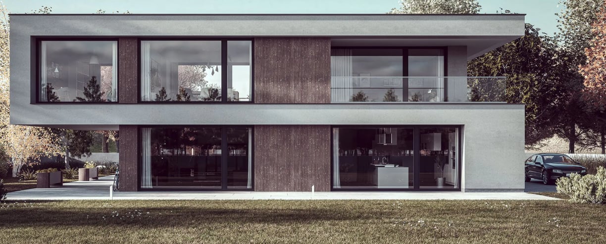 a house with a balcony and a car parked in front of it