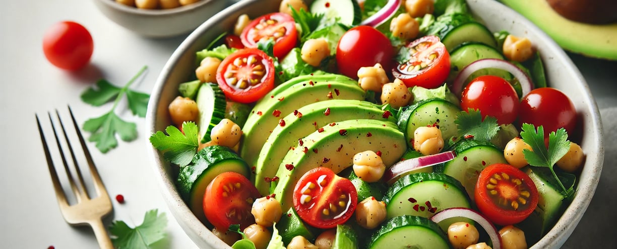 Fresh avocado chickpea salad with tomatoes, cucumbers, and cilantro in a white bowl.
